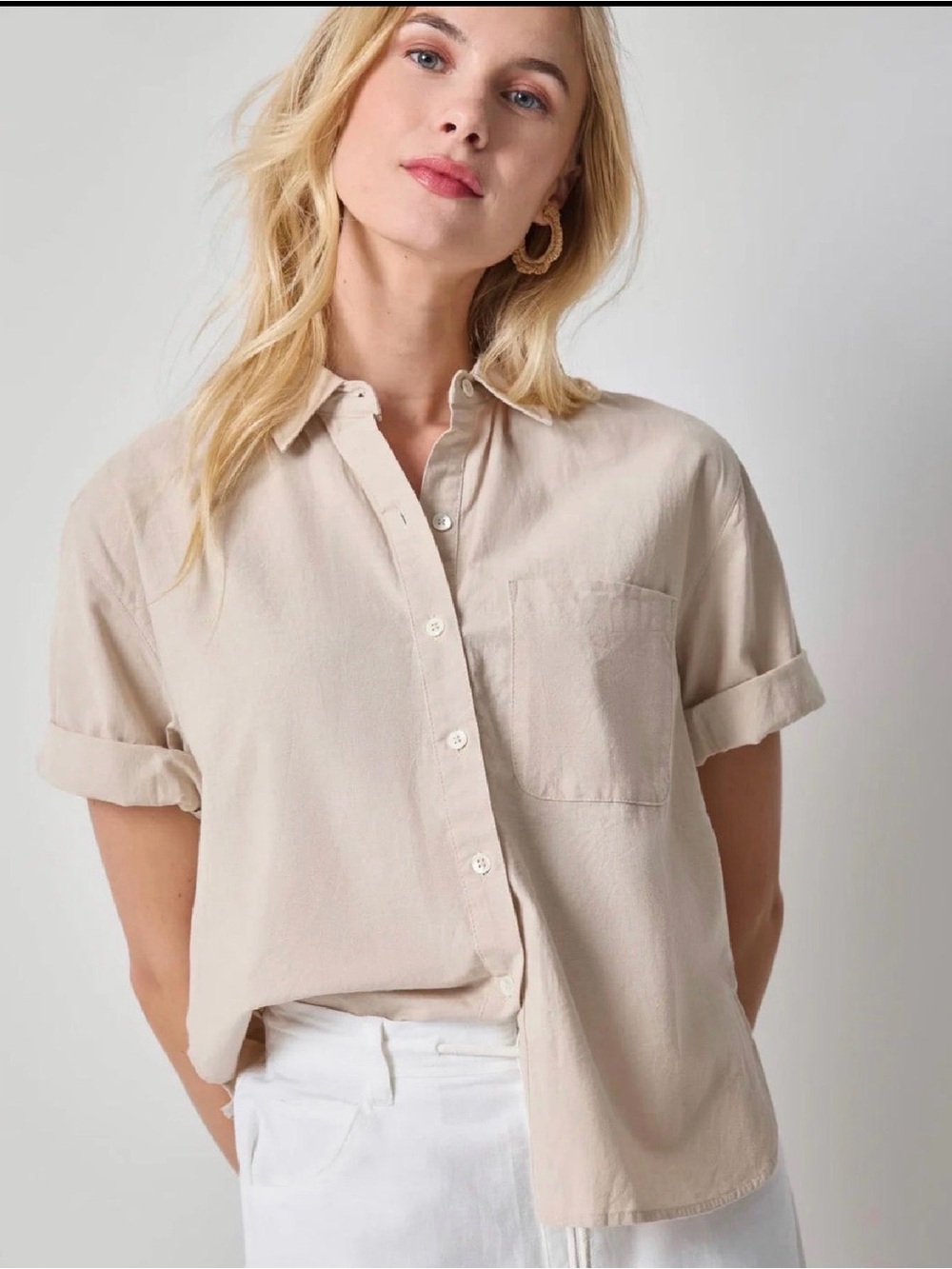 Lilla P Linen Blend Boyfriend Button Down Shirt